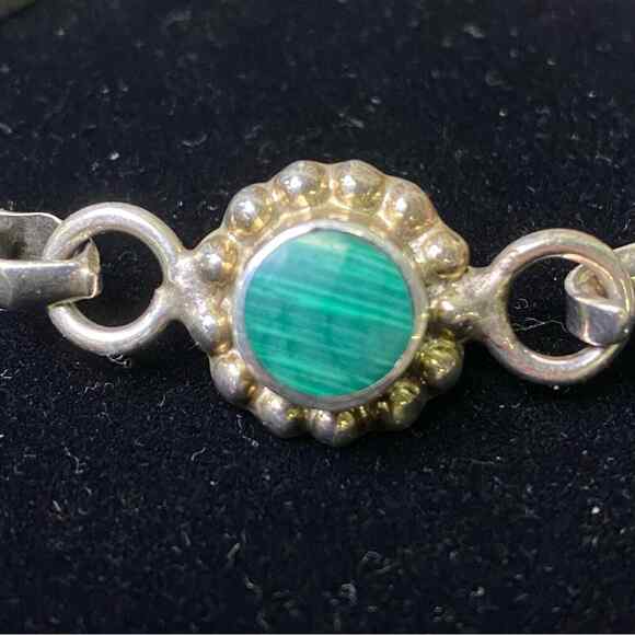 Vintage Malachite Taxco Mexico Sterling Silver 925 Hook Lock Bracelet Bangle - Picture 7 of 7